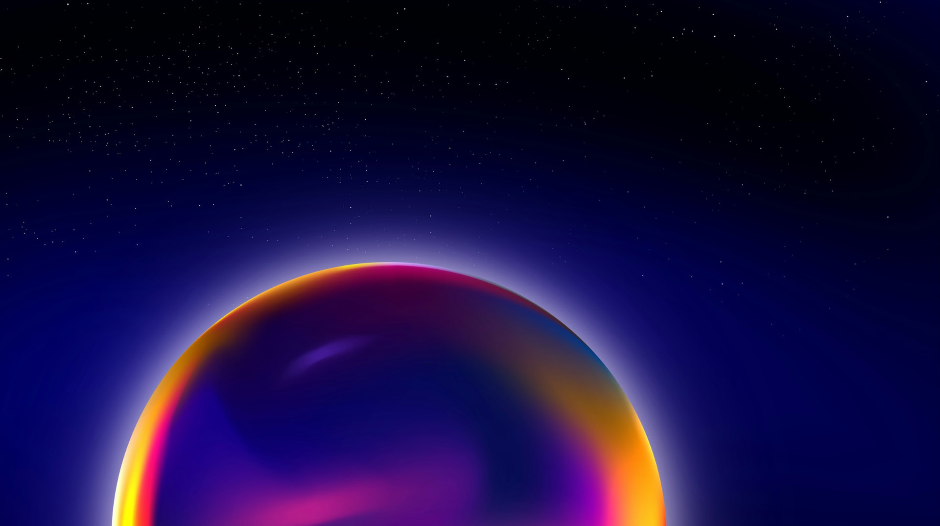 A luminous planet rising through starlit space, its rim lit in amber, magenta and violet